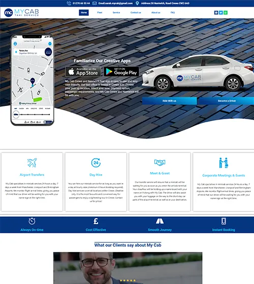 Homepage of the MyCab Taxi Services website, designed and built by EyeDevelop