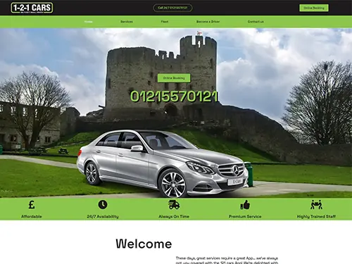1-2-1 Cars taxi website homepage with phone number