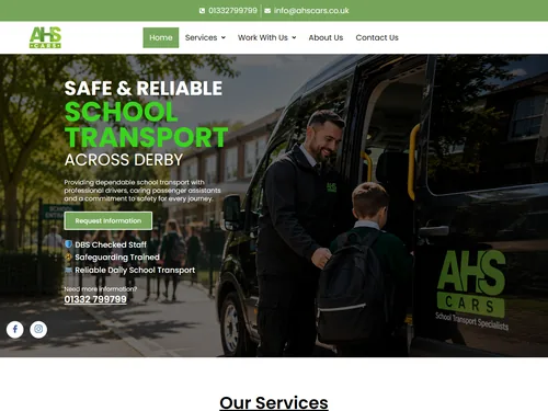 AHS Cars website homepage offering school transport across Derby