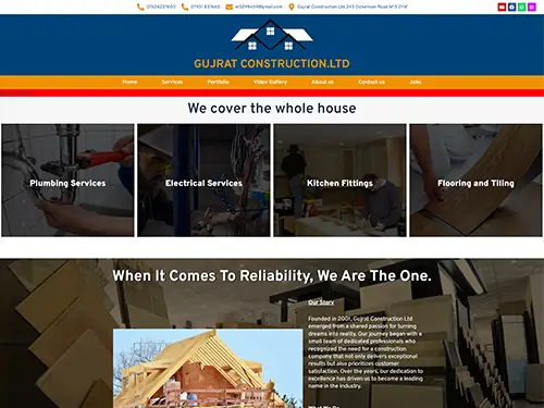 Gujrat Construction website homepage showing building services