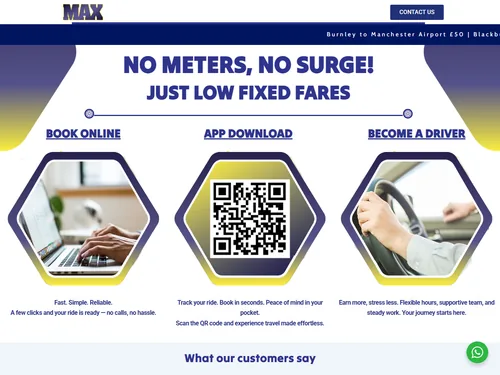 Max Cabs Accrington taxi website homepage with fixed fares, online booking and app download