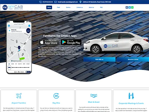 MyCab Taxi Services website homepage with app download buttons and booking options