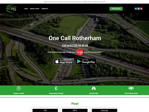 One Call Rotherham taxi website homepage with app download links