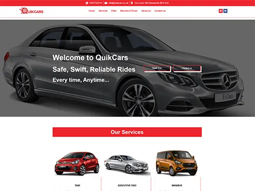 QuikCars taxi website homepage with a booking call to action