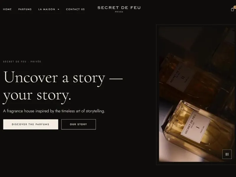 Secret de Feu online shop homepage with fragrance bottles and a Discover the parfums button